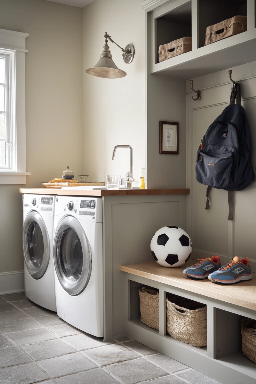 Family drop-zone laundry in the garage