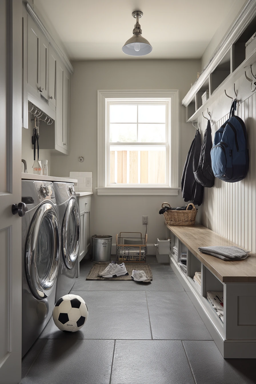 Family drop-zone laundry in the garage