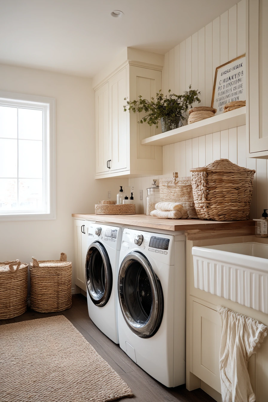 Warm farmhouse-inspired garage laundry