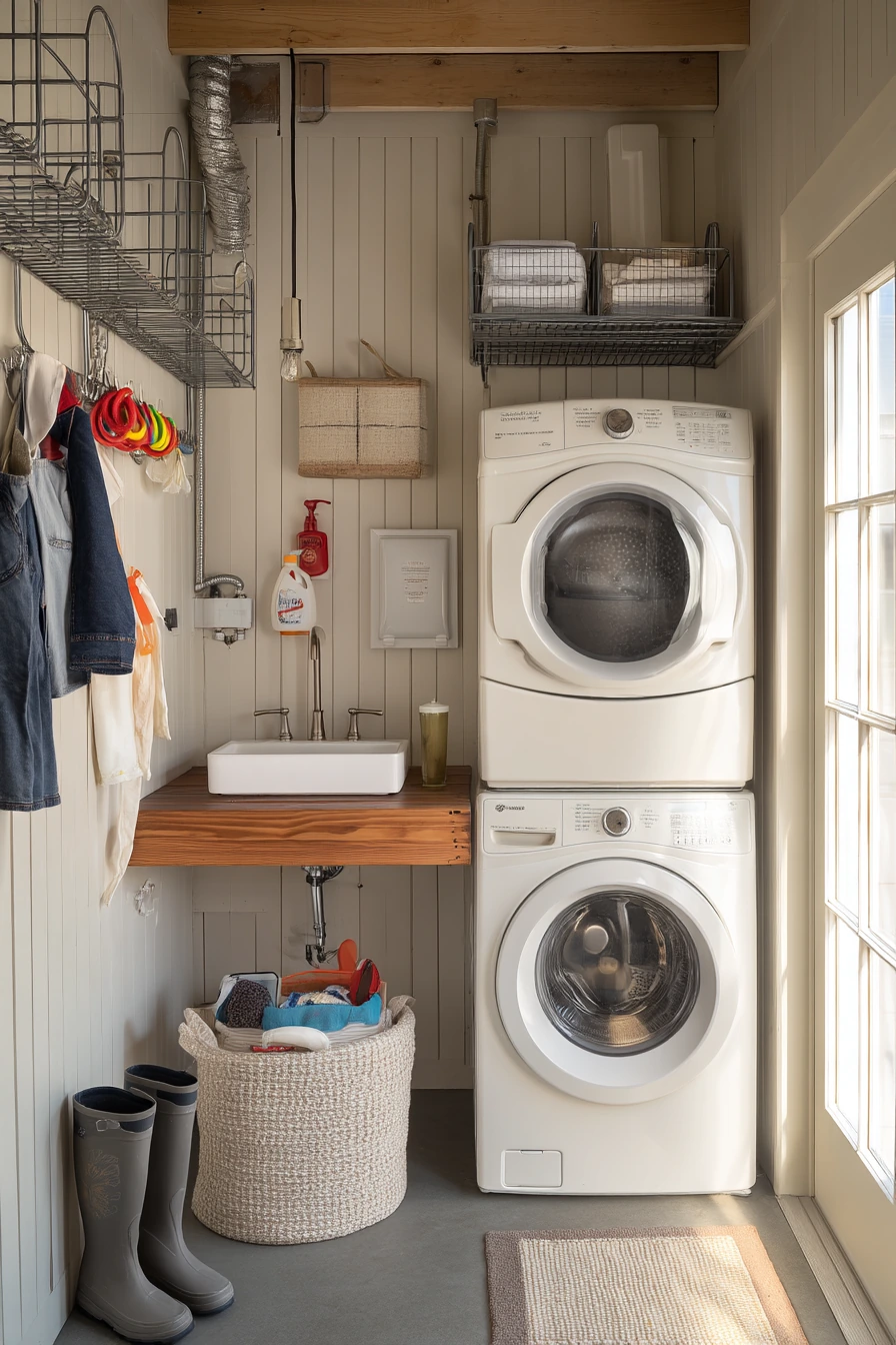 Compact mudroom-style garage laundry nook