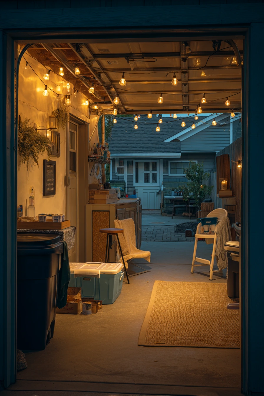 10. Seasonal Entertaining Garage with Cozy Lighting