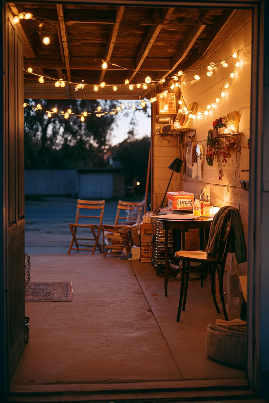10. Seasonal Entertaining Garage with Cozy Lighting