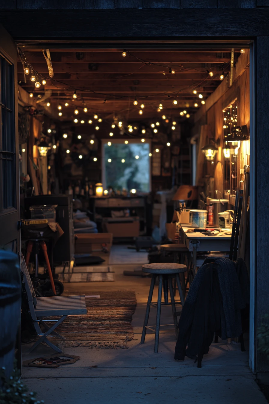 10. Seasonal Entertaining Garage with Cozy Lighting