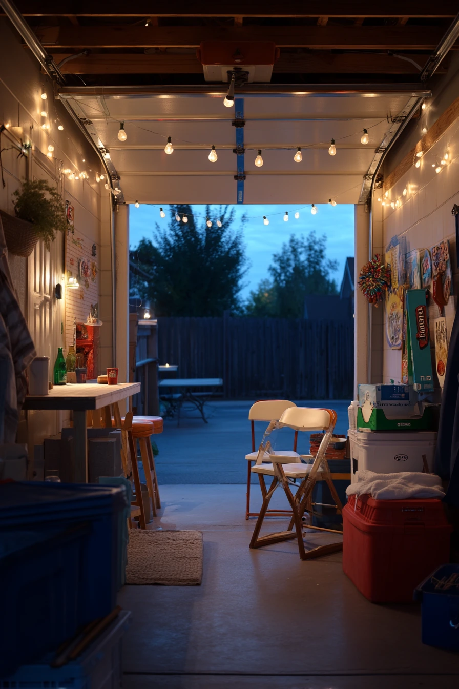 10. Seasonal Entertaining Garage with Cozy Lighting