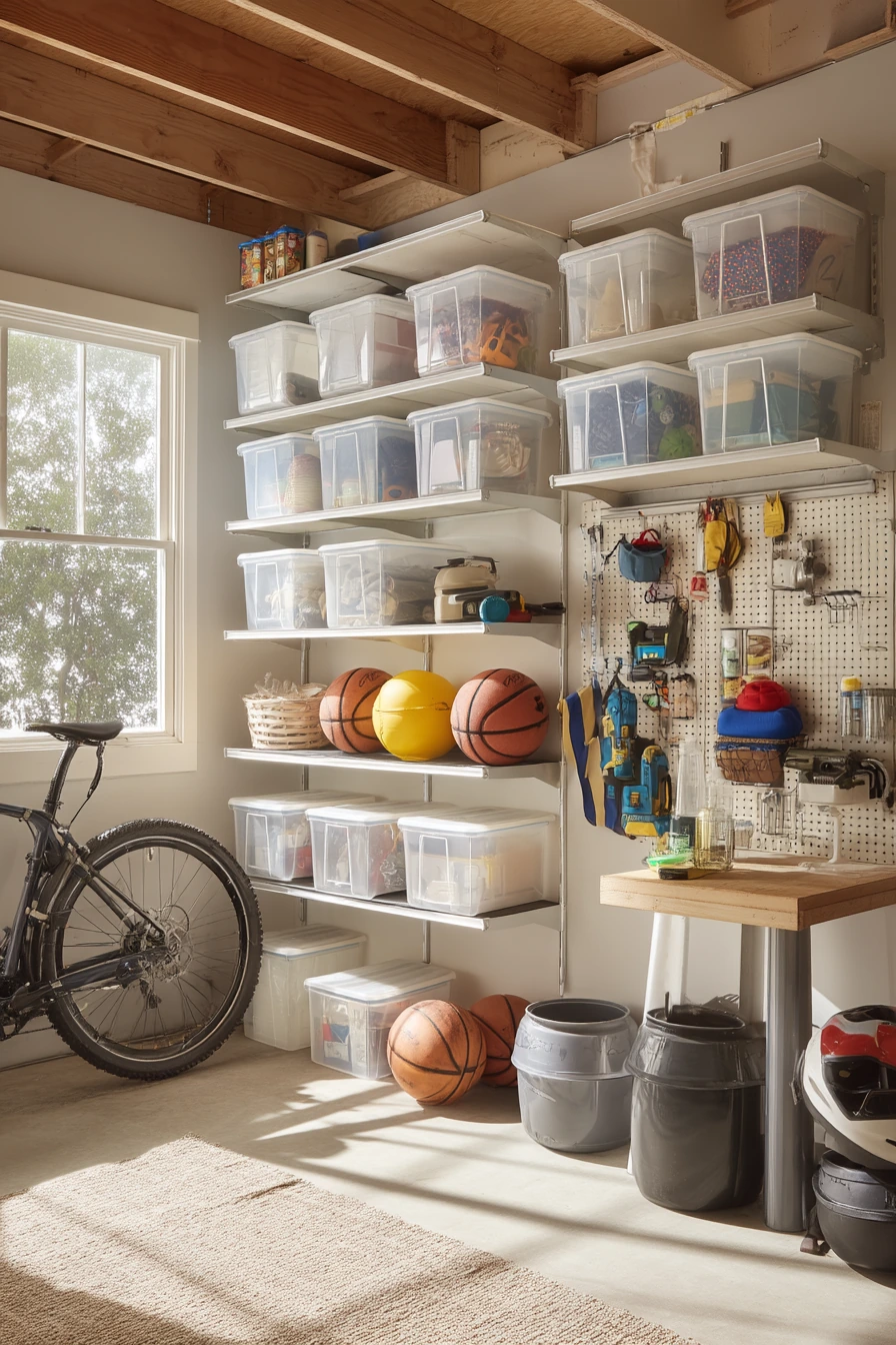Family Garage Wall with Clear Bin Zones