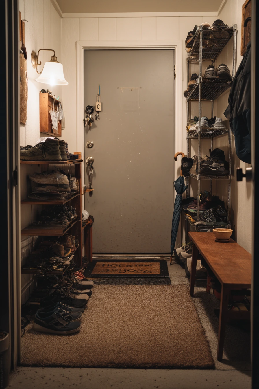 Renter-friendly shoe rack by side entry