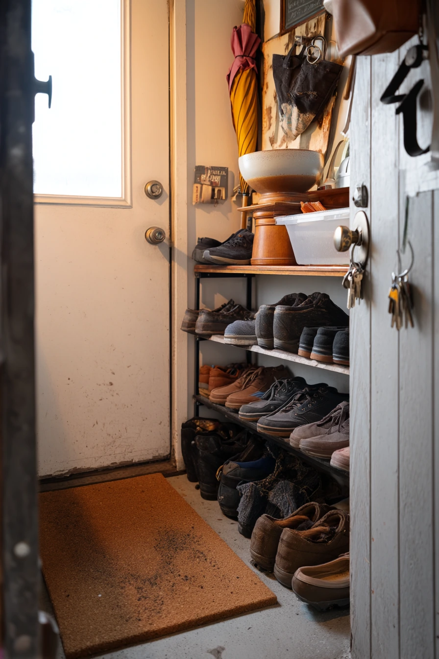 Renter-friendly shoe rack by side entry