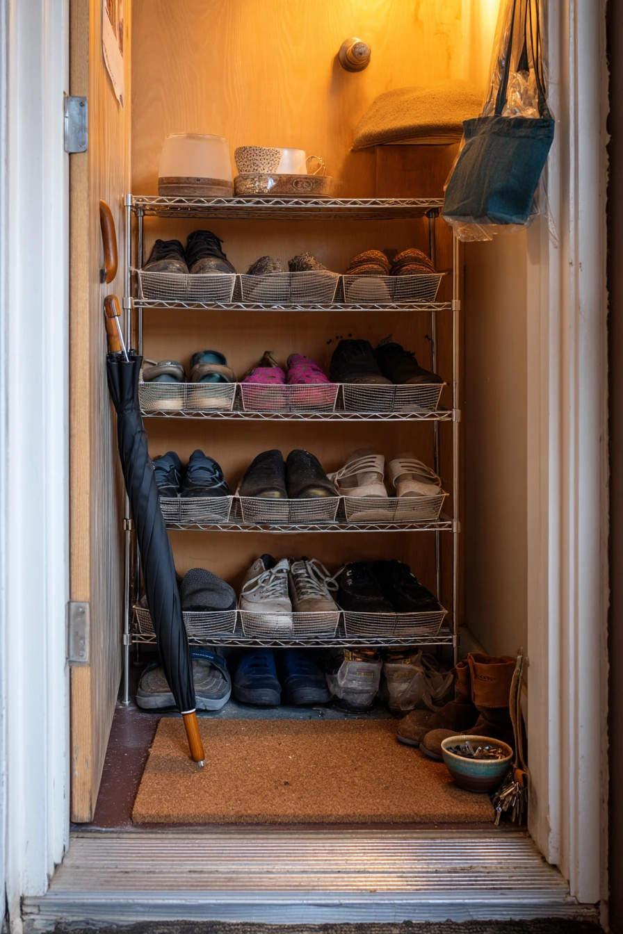 Renter-friendly shoe rack by side entry