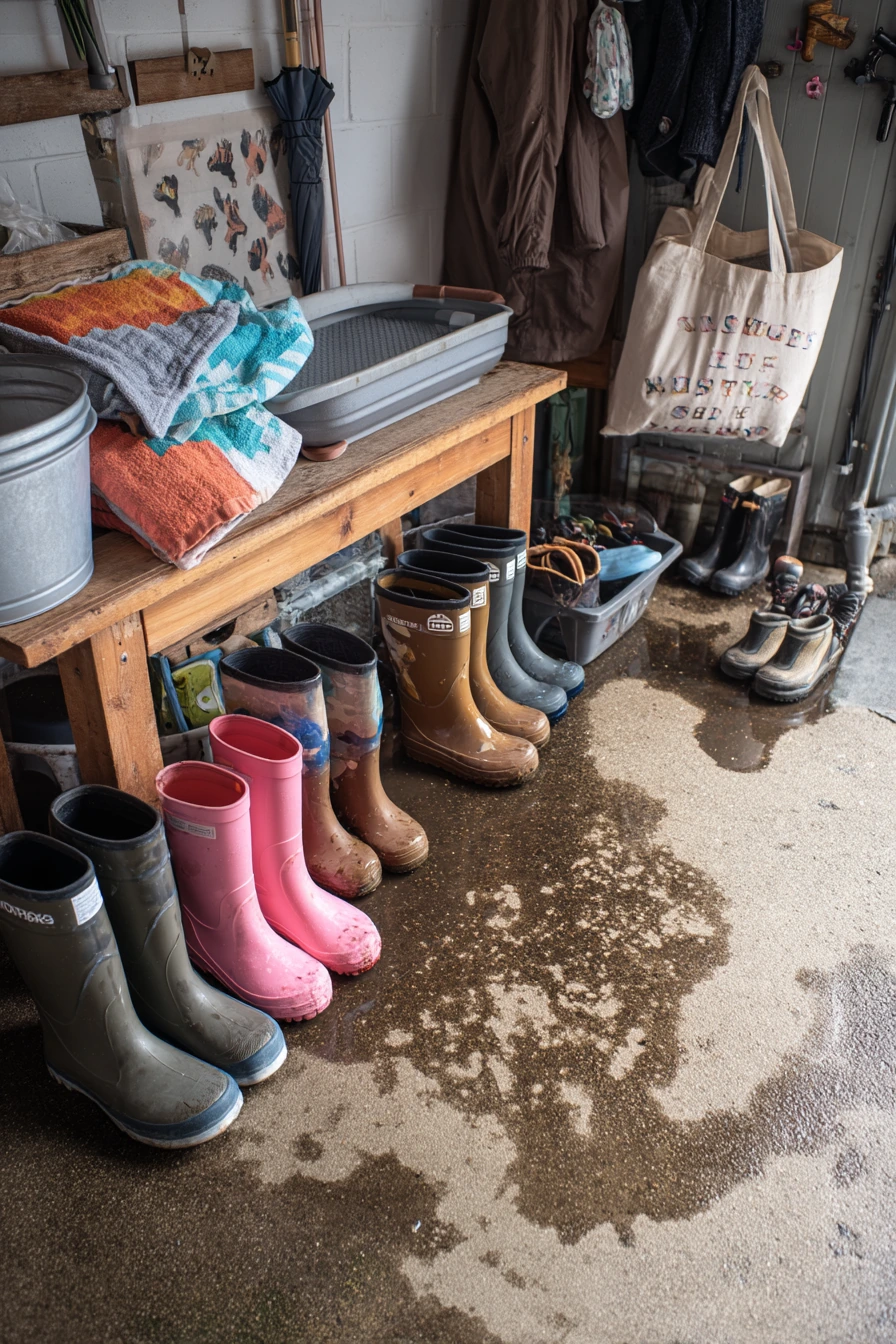 Seasonal boot drop zone after rainy day