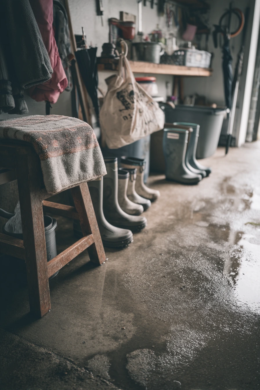 Seasonal boot drop zone after rainy day