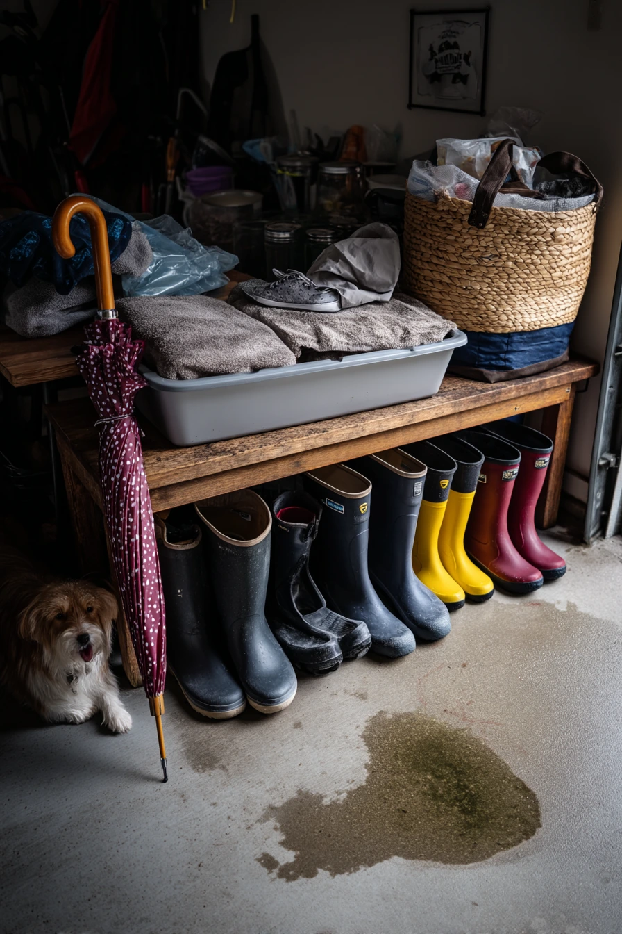 Seasonal boot drop zone after rainy day