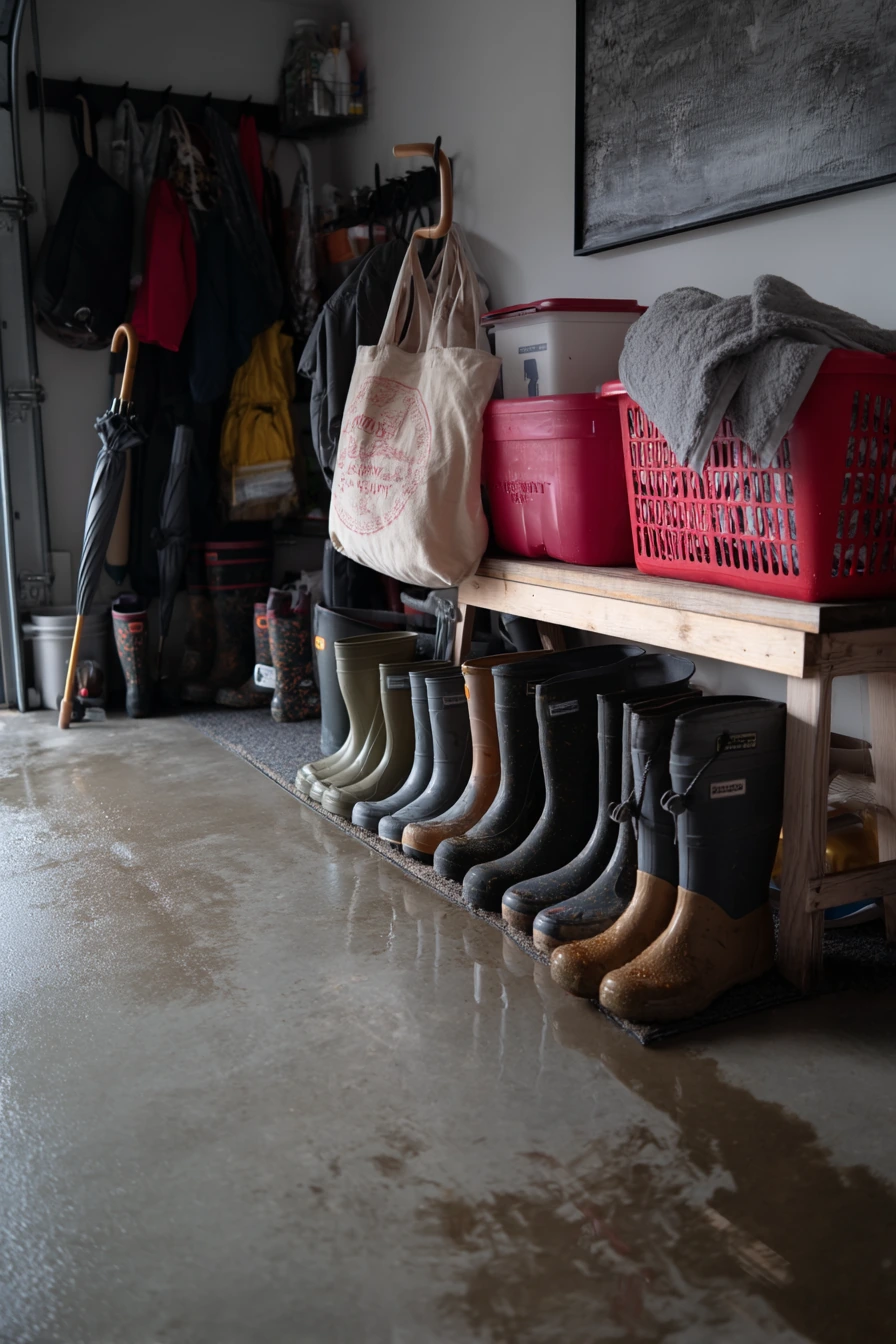 Seasonal boot drop zone after rainy day