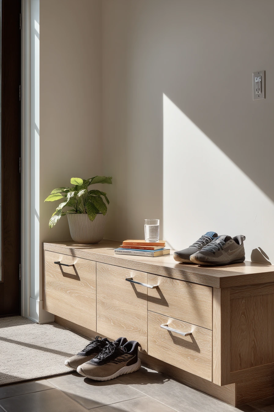 Minimal built-in bench for modern townhouse
