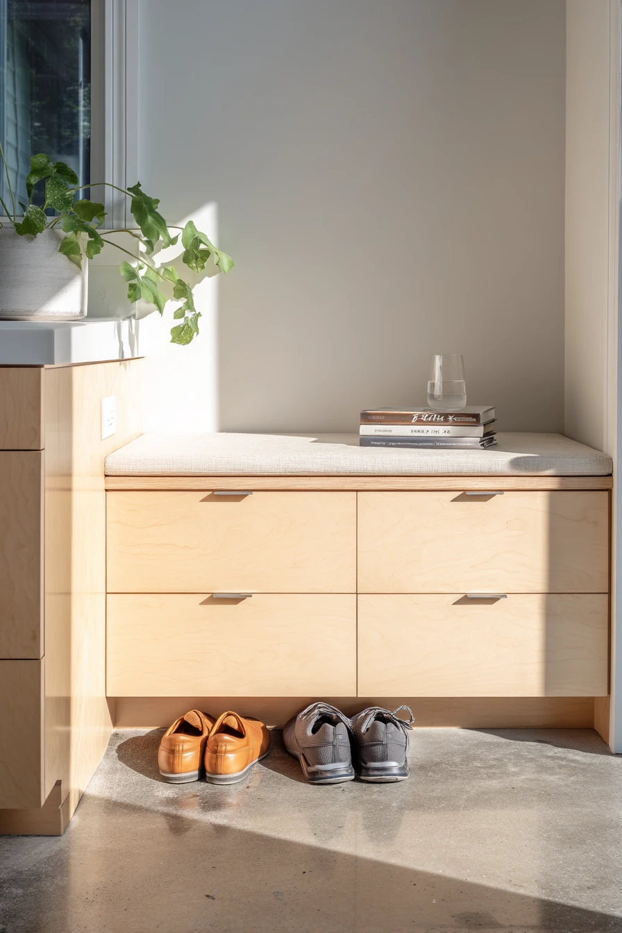 Minimal built-in bench for modern townhouse