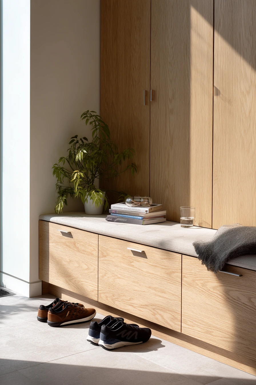 Minimal built-in bench for modern townhouse
