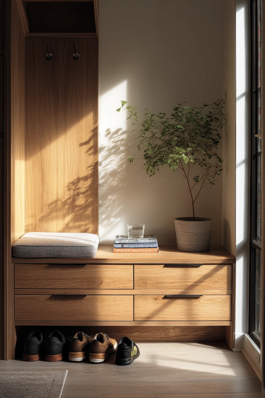 Minimal built-in bench for modern townhouse