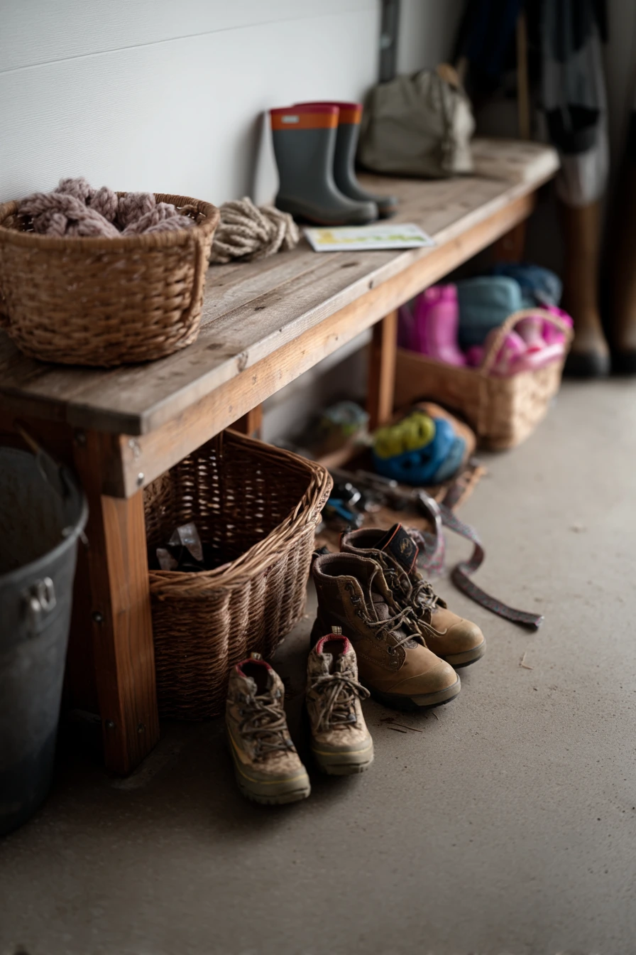 Garage shoe storage with pet and toddler chaos