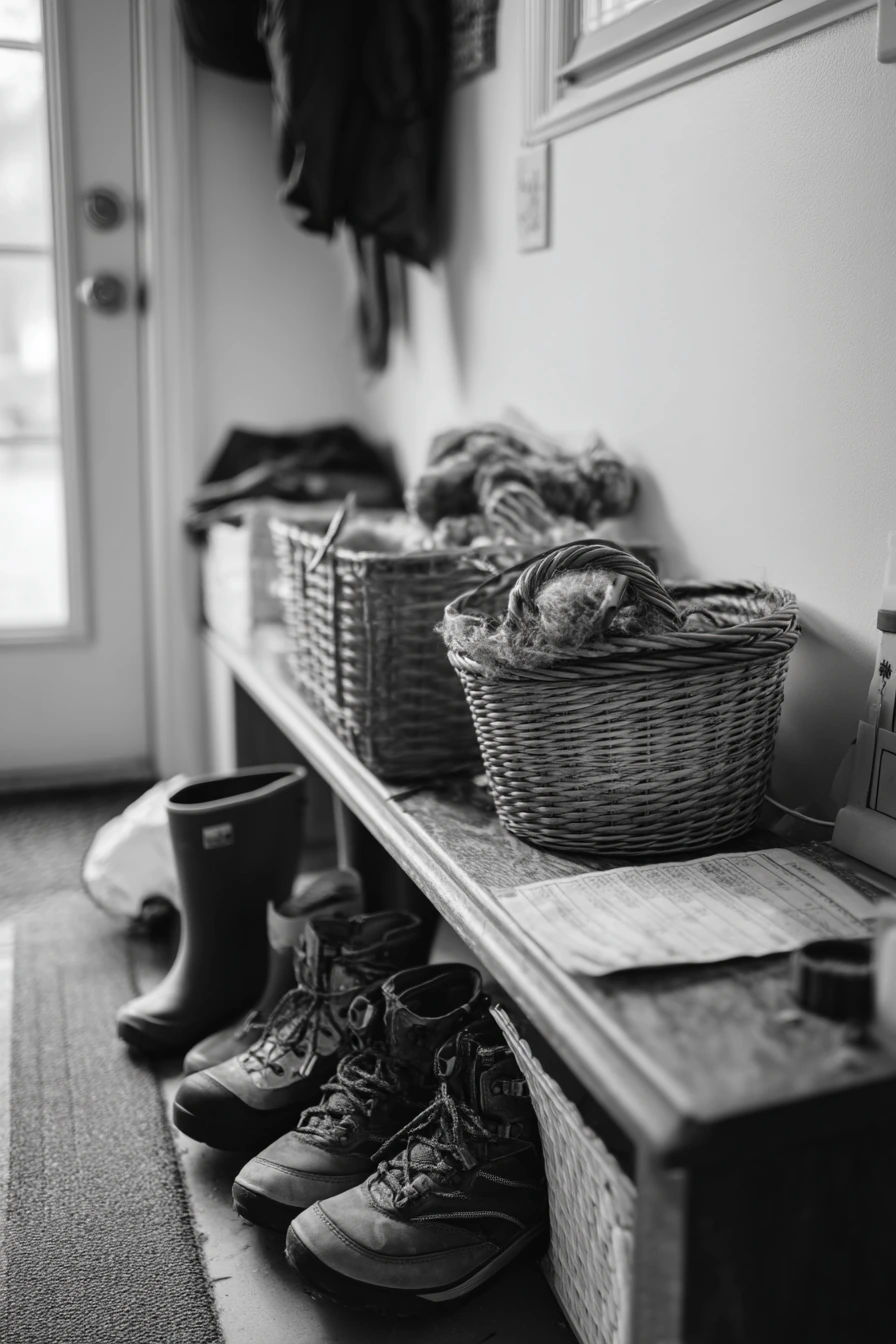 Garage shoe storage with pet and toddler chaos