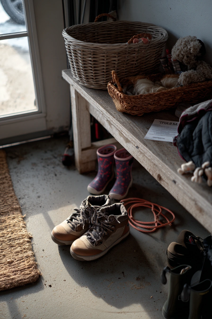 Garage shoe storage with pet and toddler chaos