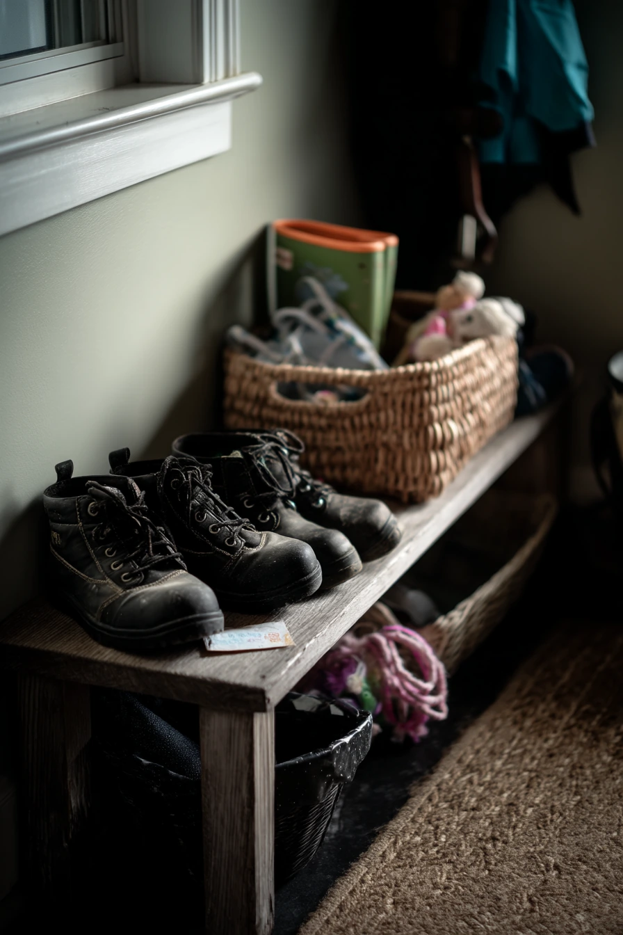 Garage shoe storage with pet and toddler chaos