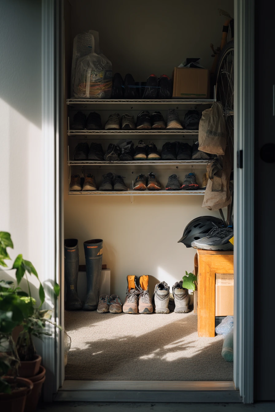 Small garage wall with slim shoe cabinets