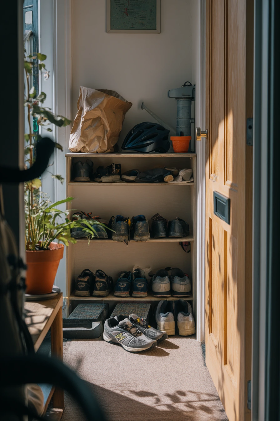 Small garage wall with slim shoe cabinets