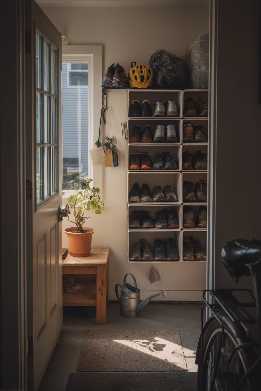 Small garage wall with slim shoe cabinets