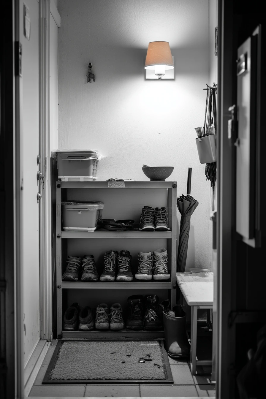 Renter-friendly shoe rack by side entry