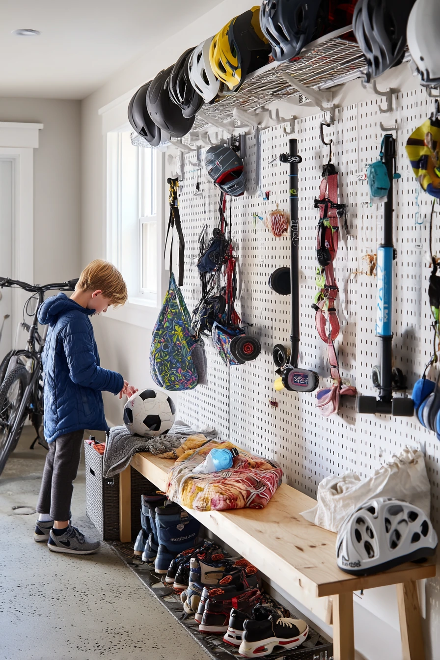 Family wall-rail system in a busy single-car garage