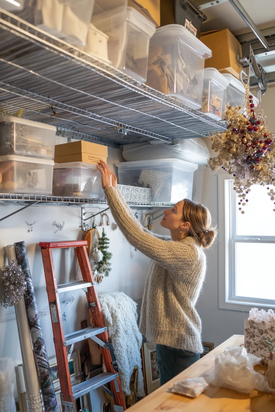 Overhead storage for holiday bins and keepsakes