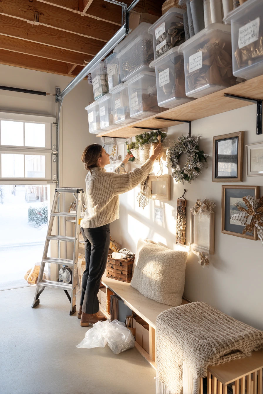 Overhead storage for holiday bins and keepsakes