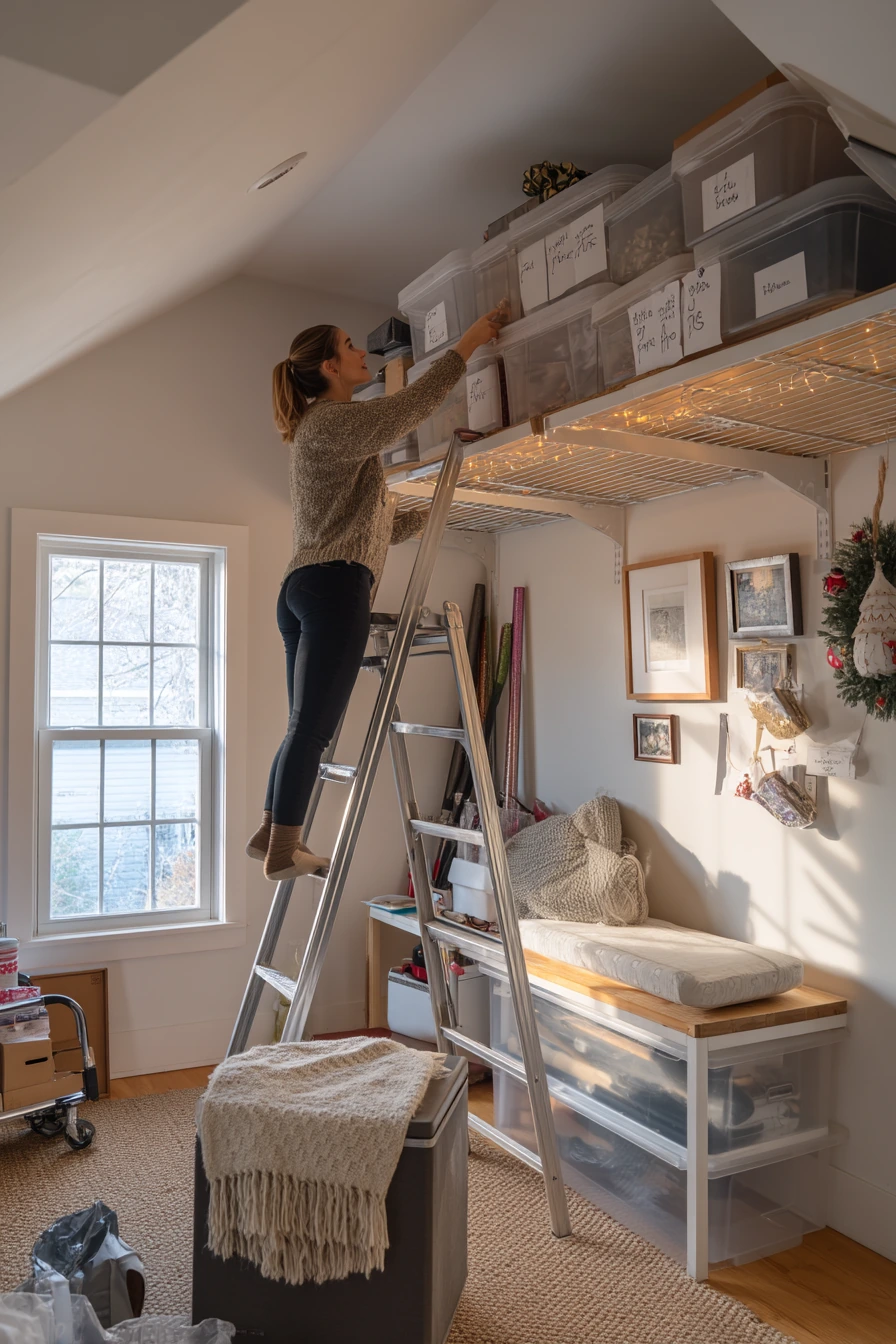 Overhead storage for holiday bins and keepsakes