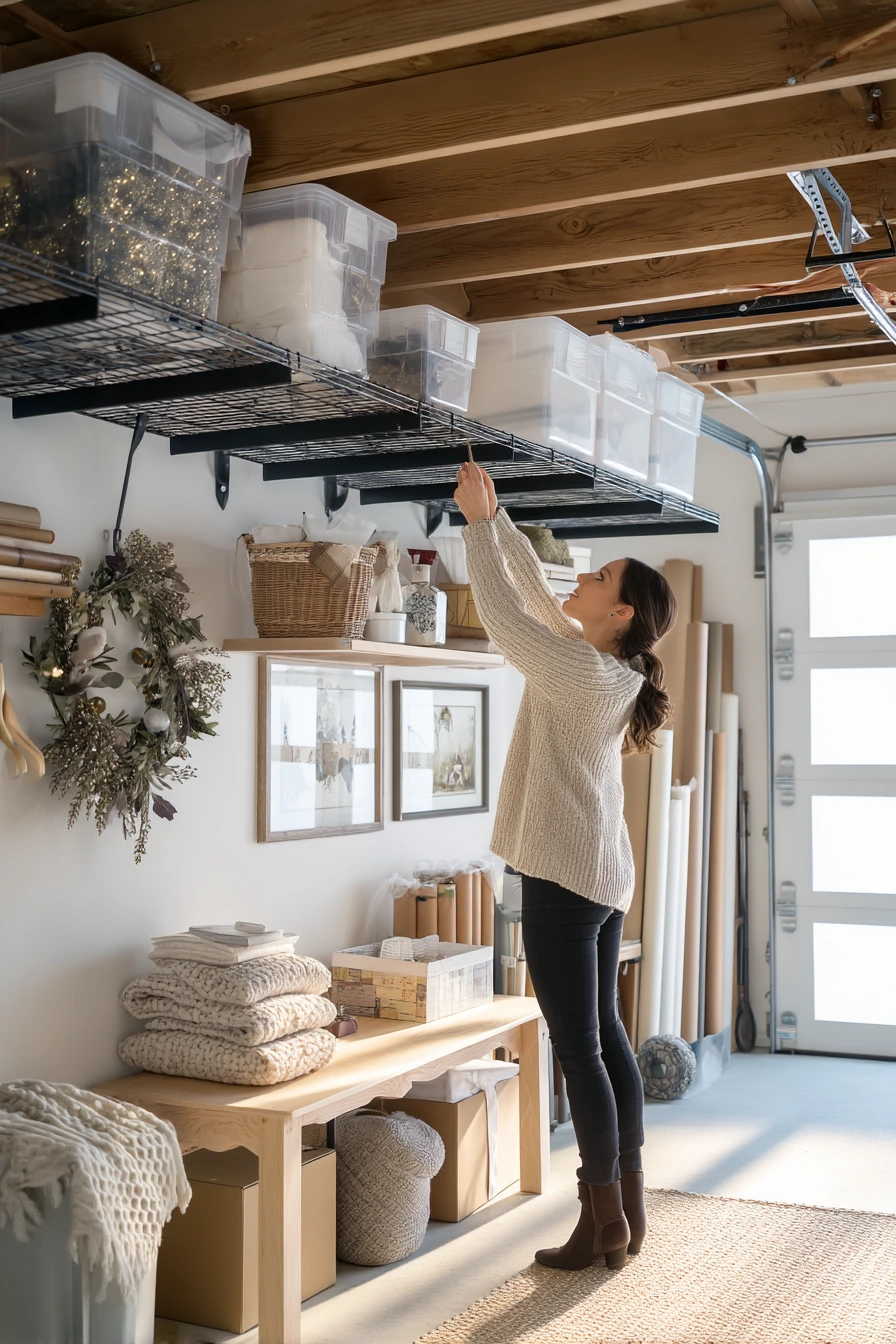 Overhead storage for holiday bins and keepsakes