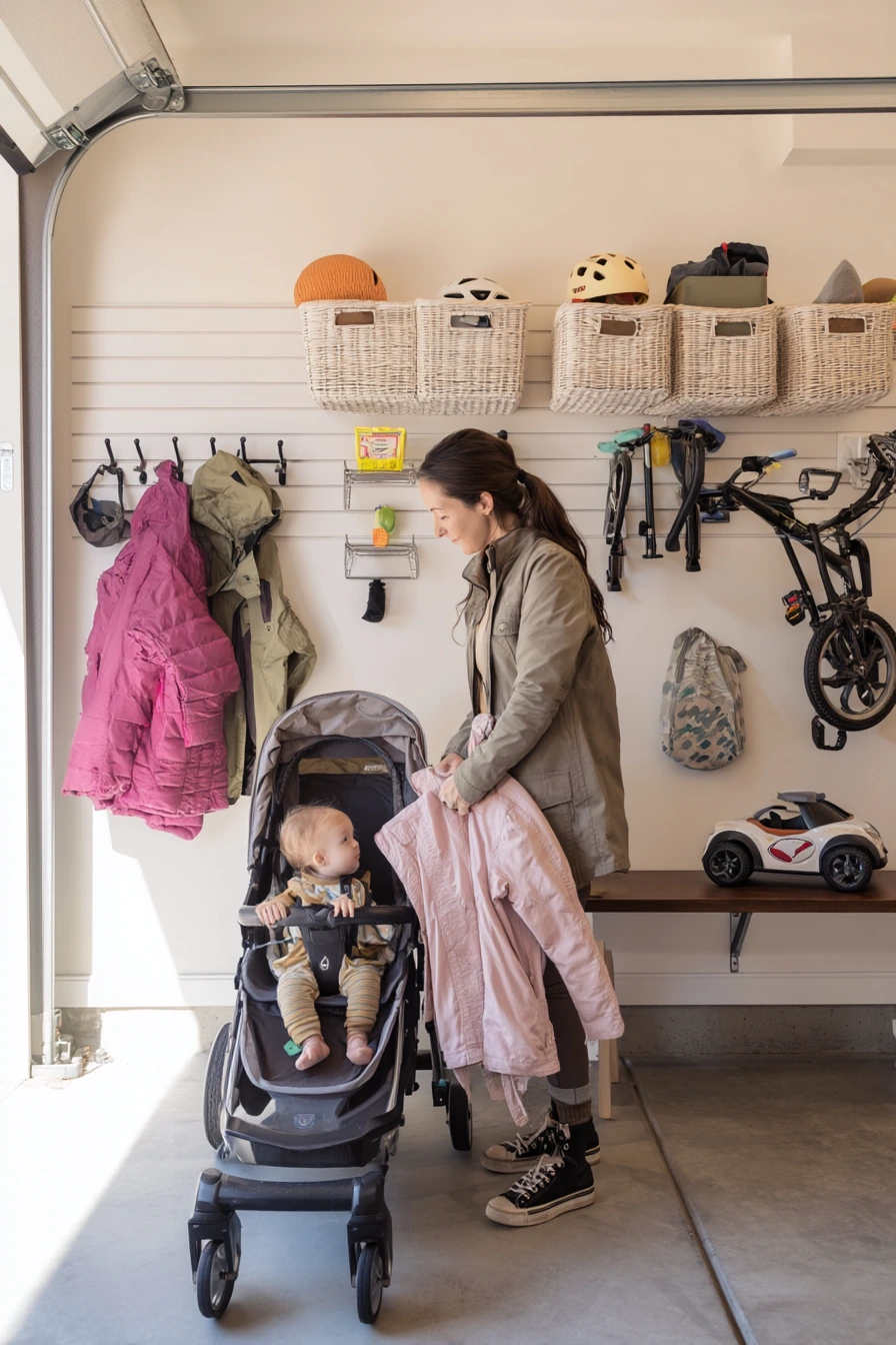 Bike-and-stroller wall storage in a young family garage