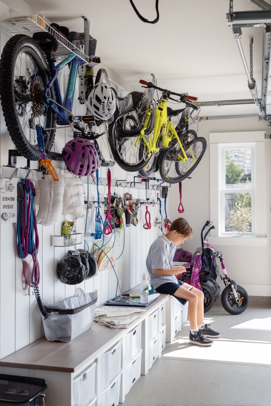 Family wall-rail system in a busy single-car garage