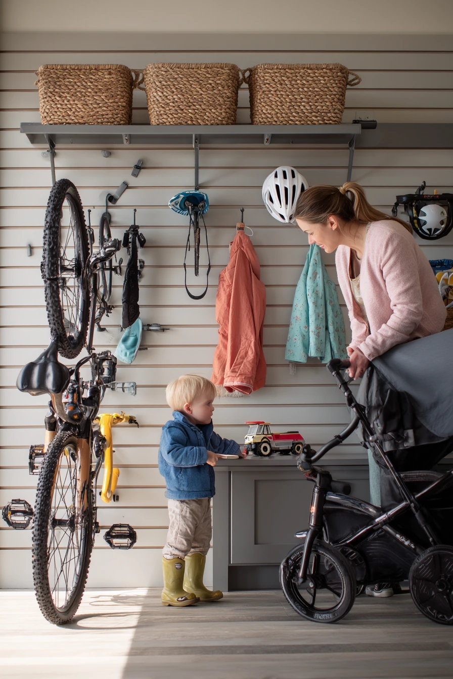 Bike-and-stroller wall storage in a young family garage