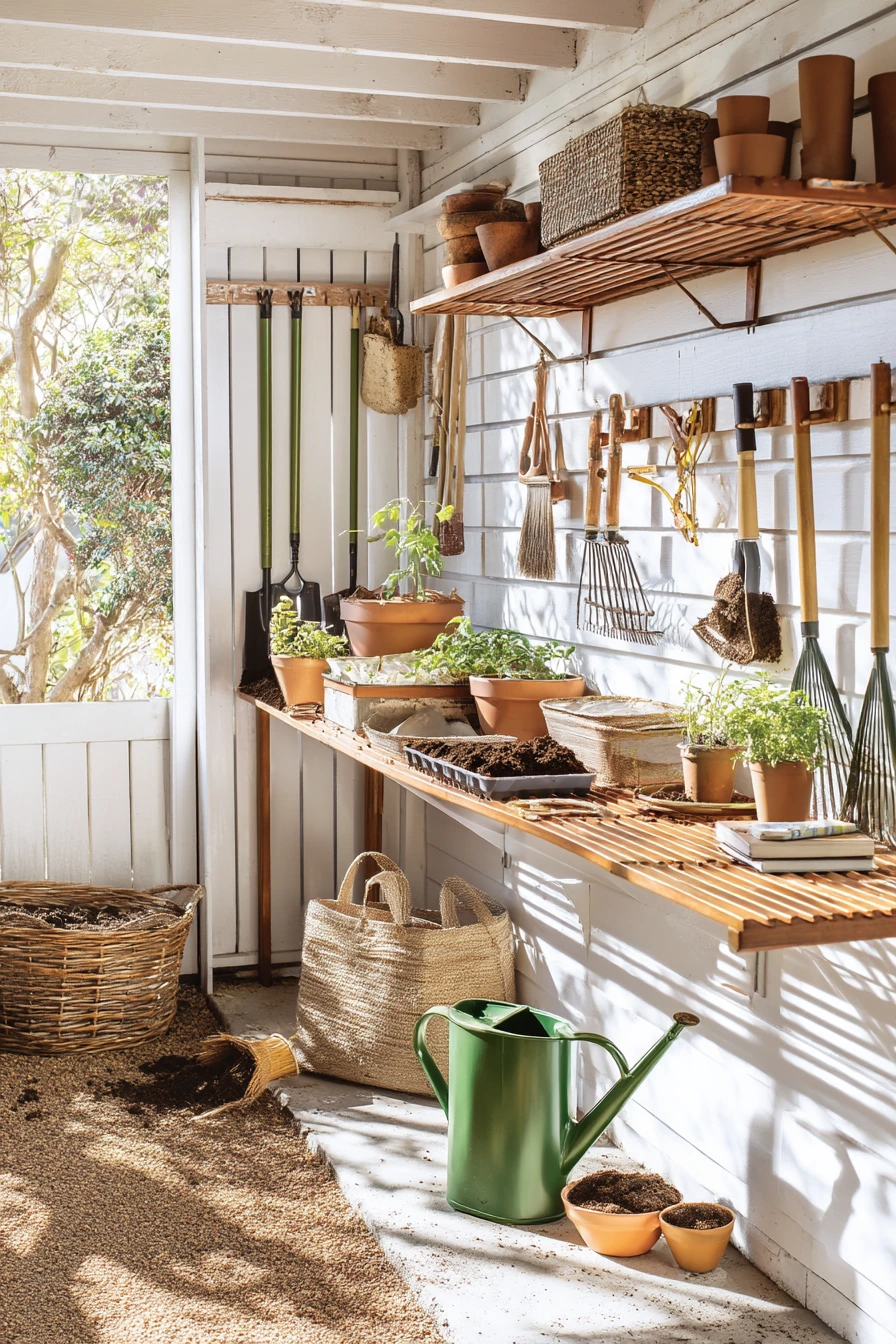 Plant, utility, and garden tool storage by the side door