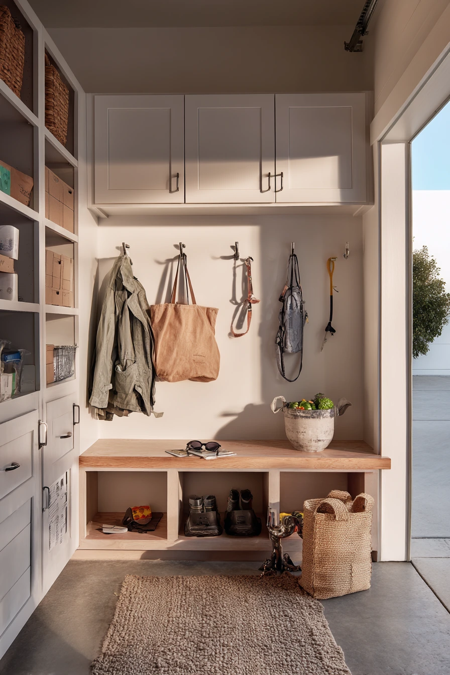 Mudroom-style garage landing zone with hidden storage