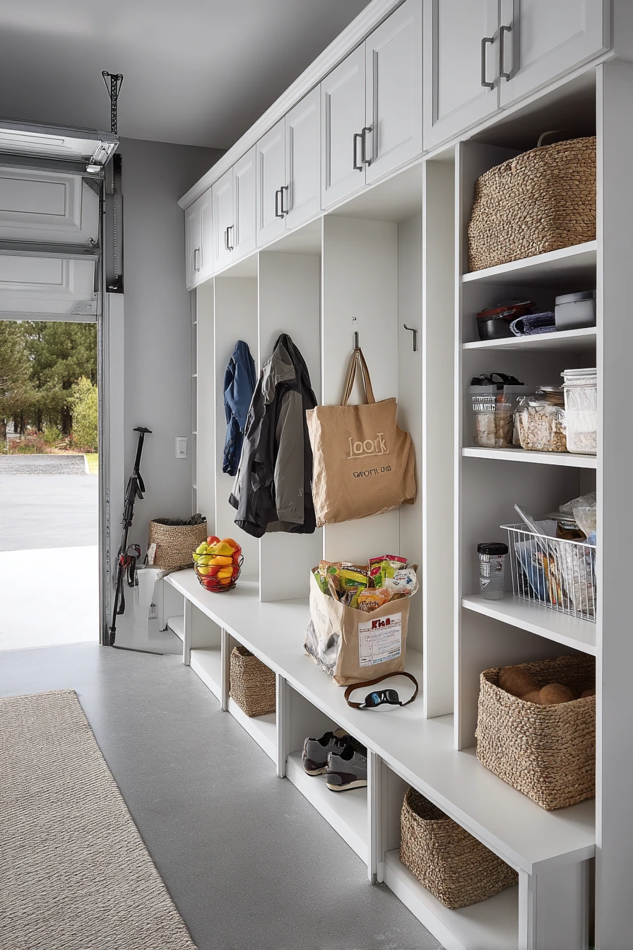 Mudroom-style garage landing zone with hidden storage