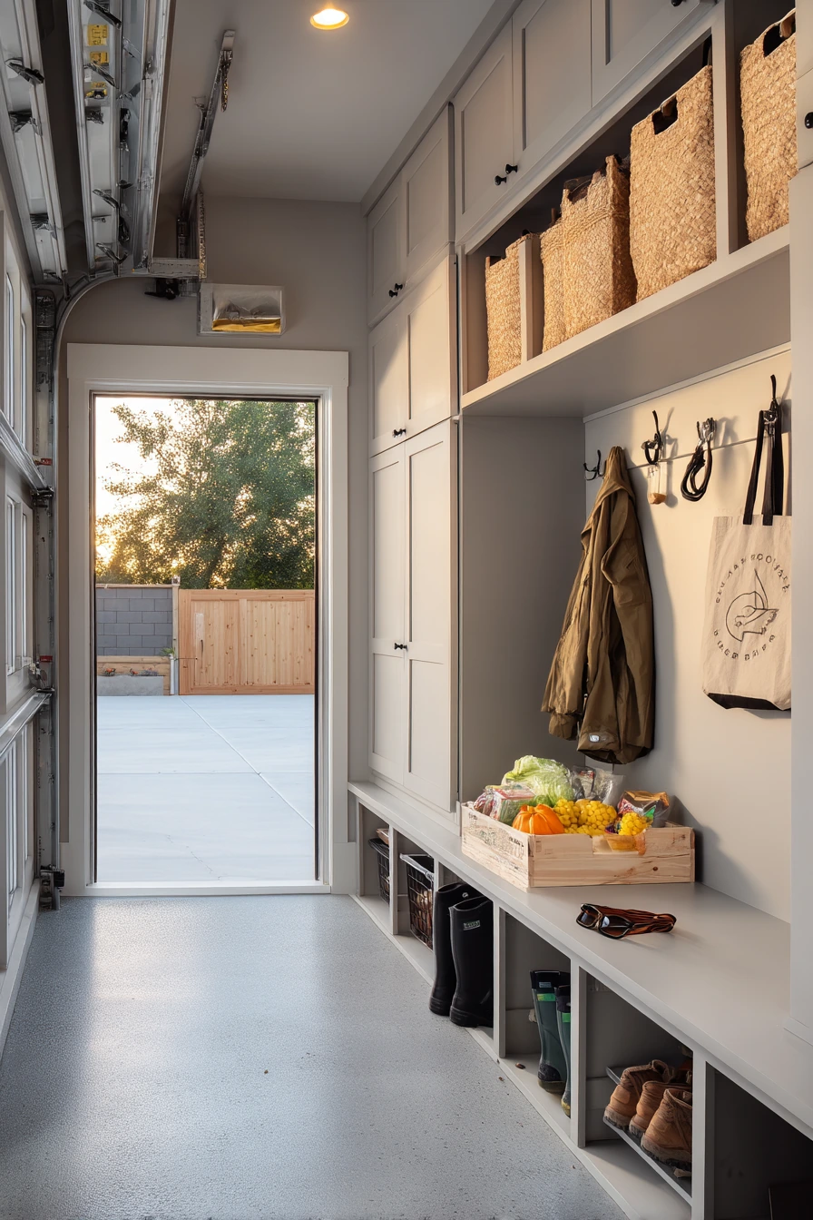 Mudroom-style garage landing zone with hidden storage