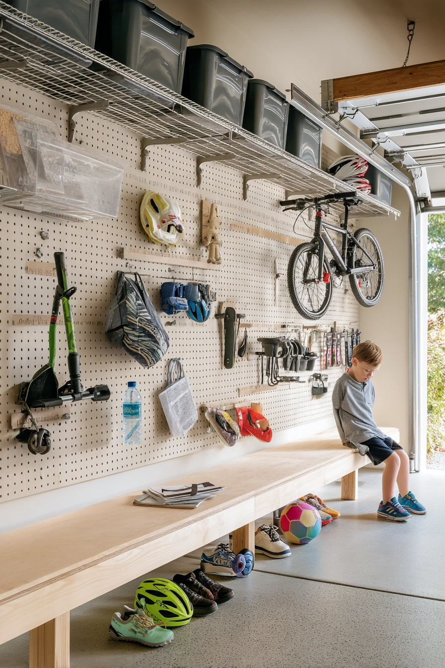 Family wall-rail system in a busy single-car garage