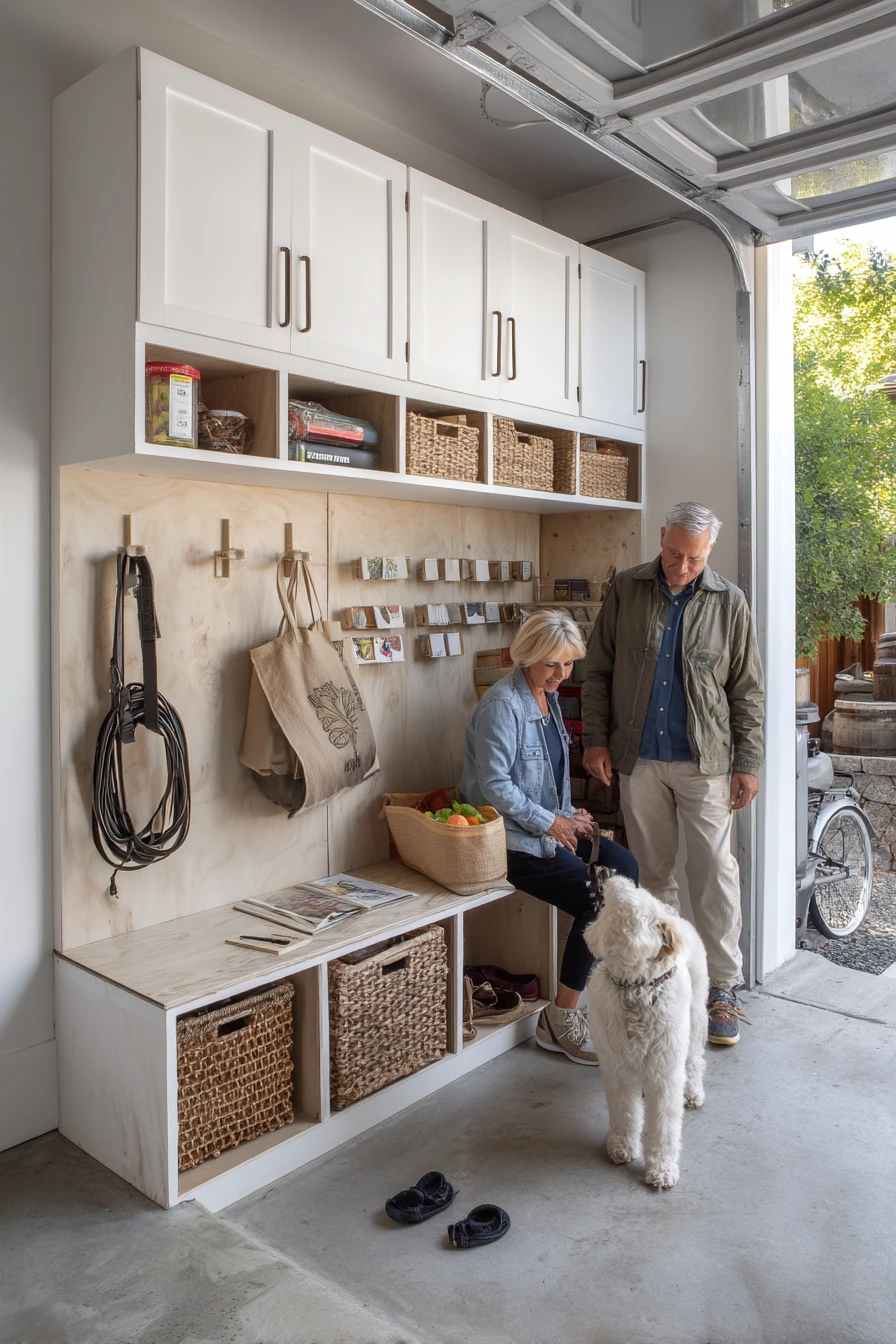 Mudroom-style garage landing zone with hidden storage