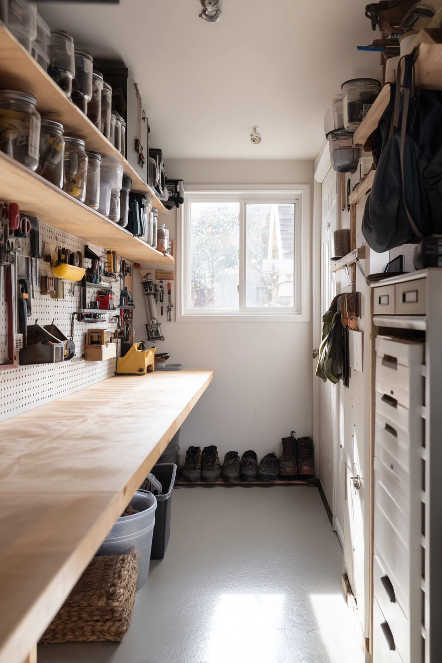Small-Space Garage Bench with Vertical Storage