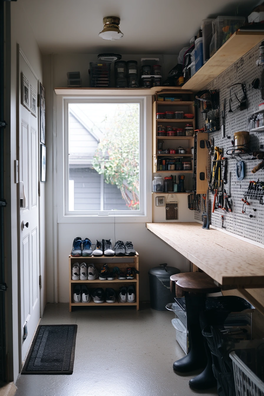 Small-Space Garage Bench with Vertical Storage