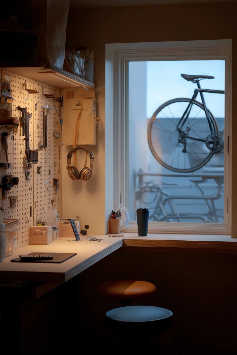 Tiny Apartment Garage Bench with Fold-Down Surface