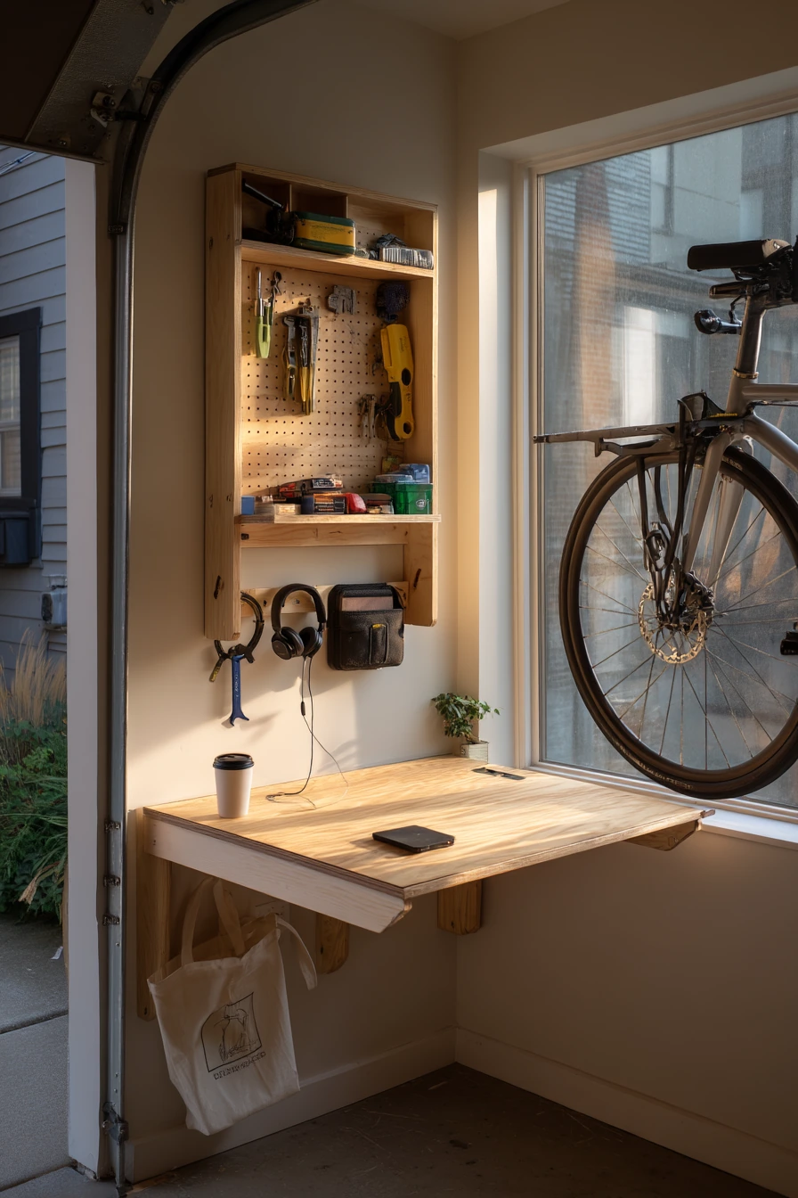 Tiny Apartment Garage Bench with Fold-Down Surface