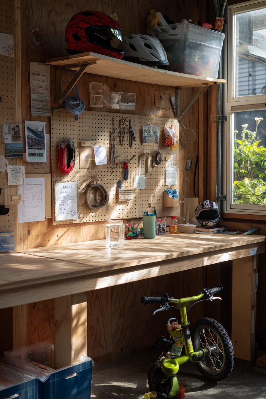 Compact Wall-Mounted Workbench for a Busy Family Garage