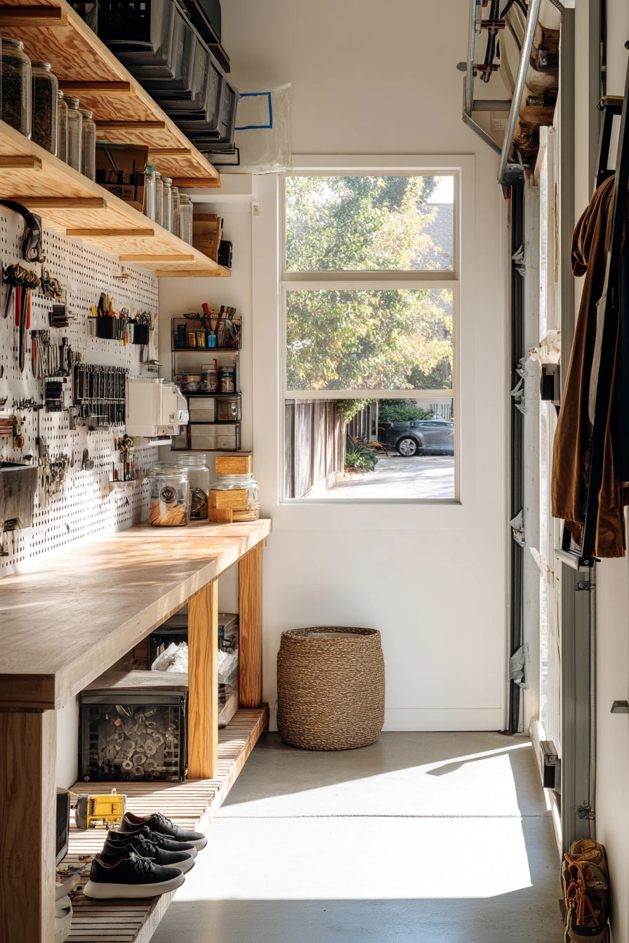 Small-Space Garage Bench with Vertical Storage
