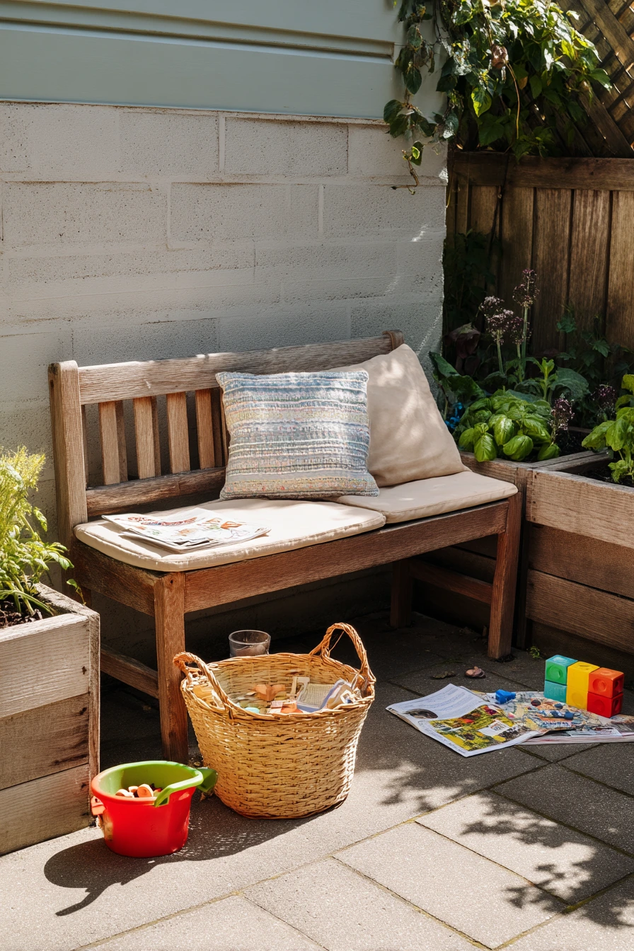Family Garden Bench with Toy Basket