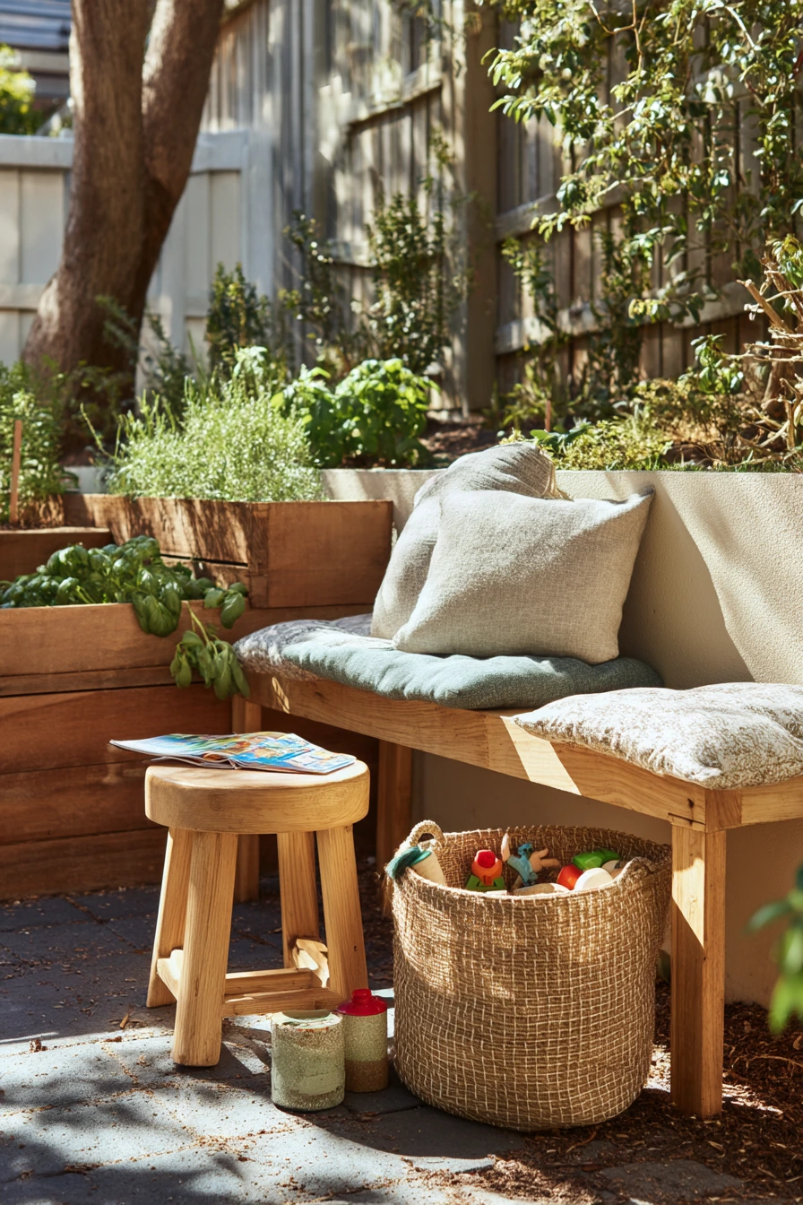 Family Garden Bench with Toy Basket